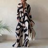 European & American Print Set: Loose Long Sleeve V-Neck Top with Straight Leg Pants - Casual Travel Vacation Jumpsuit