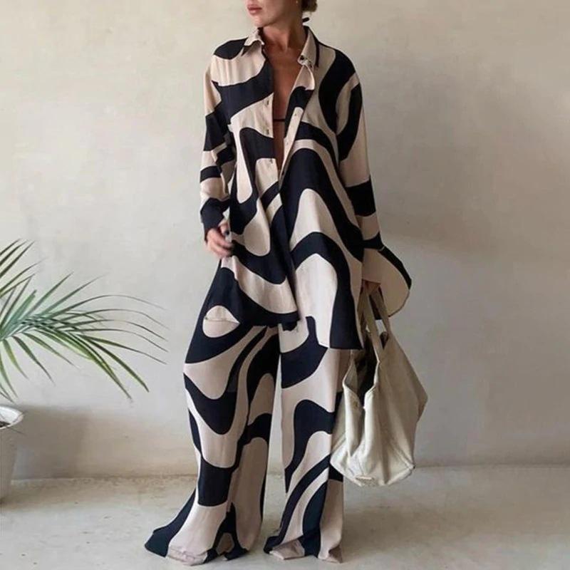 European & American Print Set: Loose Long Sleeve V-Neck Top with Straight Leg Pants - Casual Travel Vacation Jumpsuit