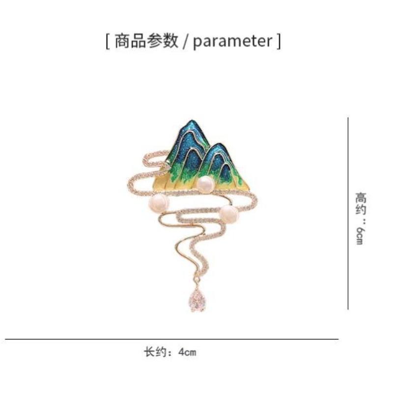 Vintage Chinese Style Round Landscape Painting Brooch for Women Mountain Shaped Tassel Rhinestone Lapel Pins Clothes Accessories