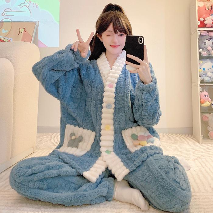 Women’s Winter Coral Fleece Pajama Set - Long Sleeve Flannel Cardigan, Thick Warm Plus Size Home Wear