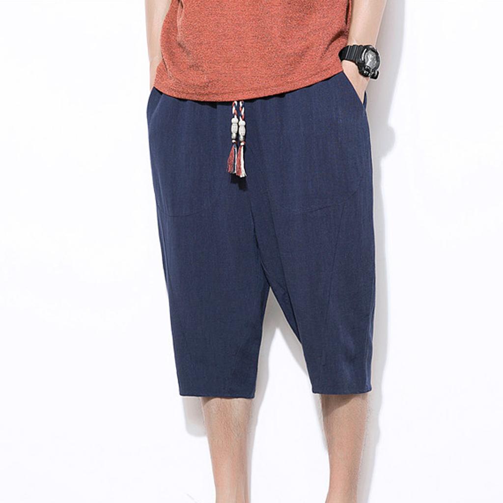 Men's Casual Solid Color Cotton Linen Lightweight Comfortable Casual Shorts Cropped Pants