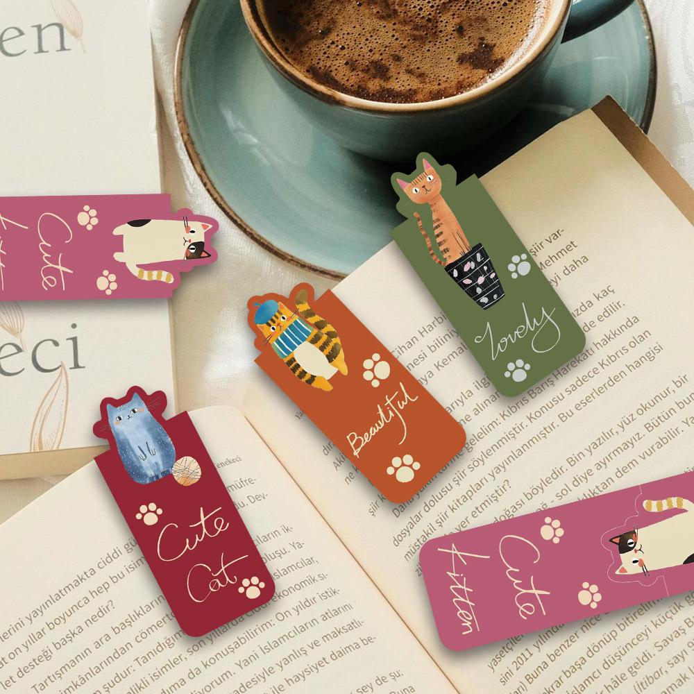 4pcs Cat World Magnetic Bookmarks Set, Cute Cat Cartoon Design Page Clips Book Marker, Unique Reading Gift Stationery