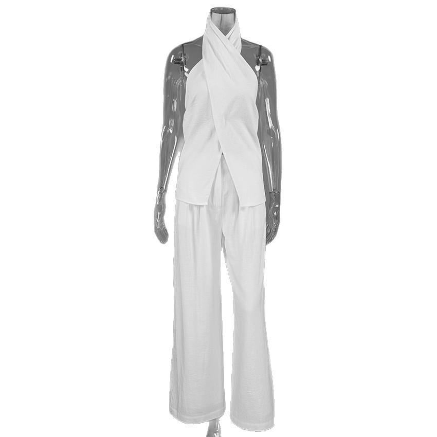 European and American White Neck Top Set Women's 1116 Summer Simple Casual Vest Trousers Two-piece Set Women's Clothing