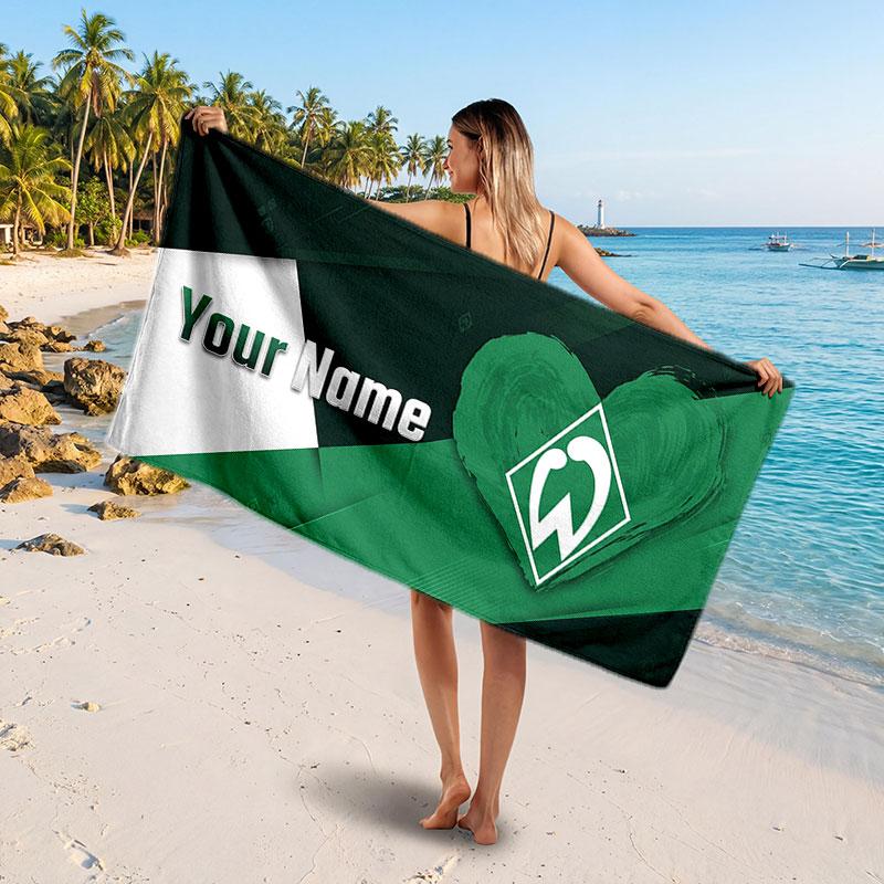 Werder Bremen FC Benutzerdefiniertes Strandtuch, Personalisierter Namens-Textdruck, Fußballlogo Weiches Schnelltrocknendes Handtuch Urlaubsgeschenk