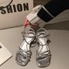2025 new French rhinestone fashion sandals for women wear thick heels with skirts in summer with beautiful one-strap Roman shoes