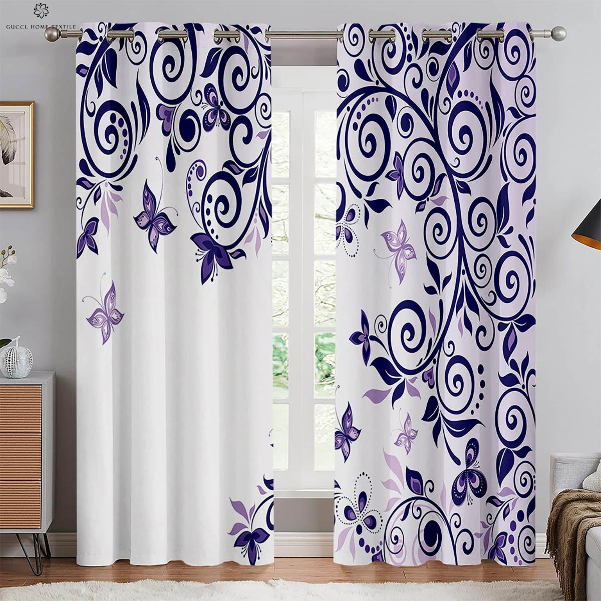

Floral Butterfly Print Drapes, Pastoral Style, Decorative Curtains, Bedroom, Living Room, Kitchen, Window High Quality W50xH130(CM)x2PCS&Grommet Top