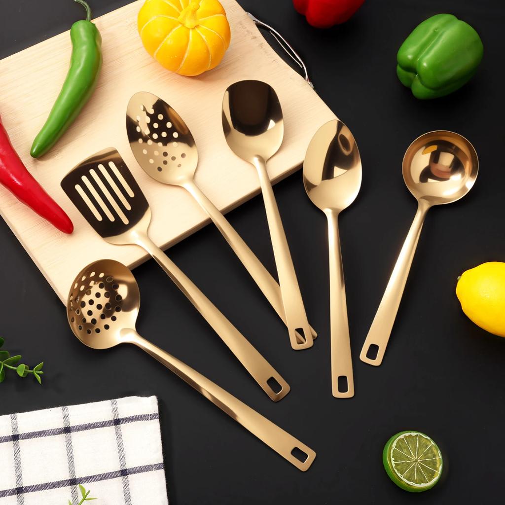 6-teiliges Edelstahl-Küchengeschirr-Set, Home Creative Koreanischer goldener Suppenlöffel, Schaumlöffel, Hot-Pot-Löffel, Küchenkoch-Bratwerkzeuge