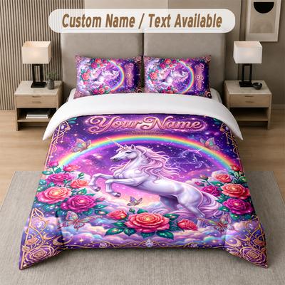 Juego de Ropa de Cama de 3 Piezas con Tema de Unicornio, Texto o Nombre Personalizado, 1 Sábana Plana y 2 Fundas de Almohada, Ropa de Cama Personalizada para el Hogar
