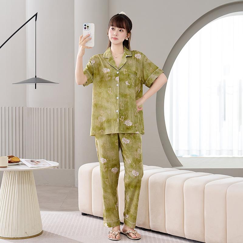Cotton and silk pajamas women's spring and summer short-sleeved large-size suit spring and autumn thin cartoon printed loungewear