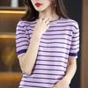Women Summer Short Sleeve Striped Vintage T-Shirt Hollow Out Elegant Knitted Pullover