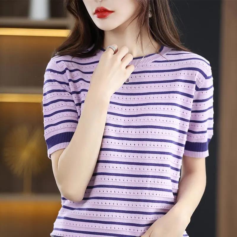 Women Summer Short Sleeve Striped Vintage T-Shirt Hollow Out Elegant Knitted Pullover