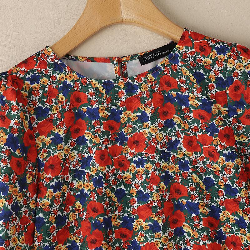ZANZEA Damen Sommerbluse mit Blumendruck, lässig, Rundhalsausschnitt, 3/4-Ärmel