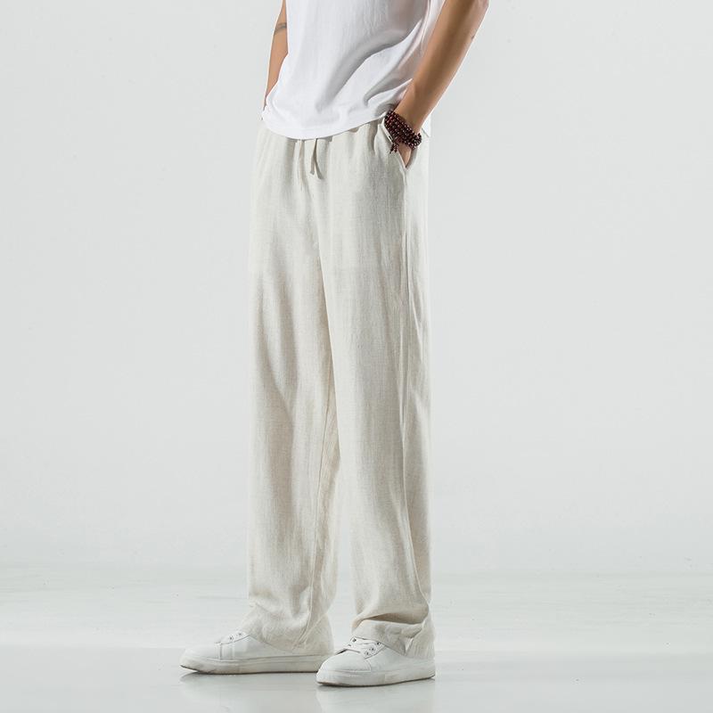 Men's White Linen Wide-Leg Casual Pants for Spring and Autumn