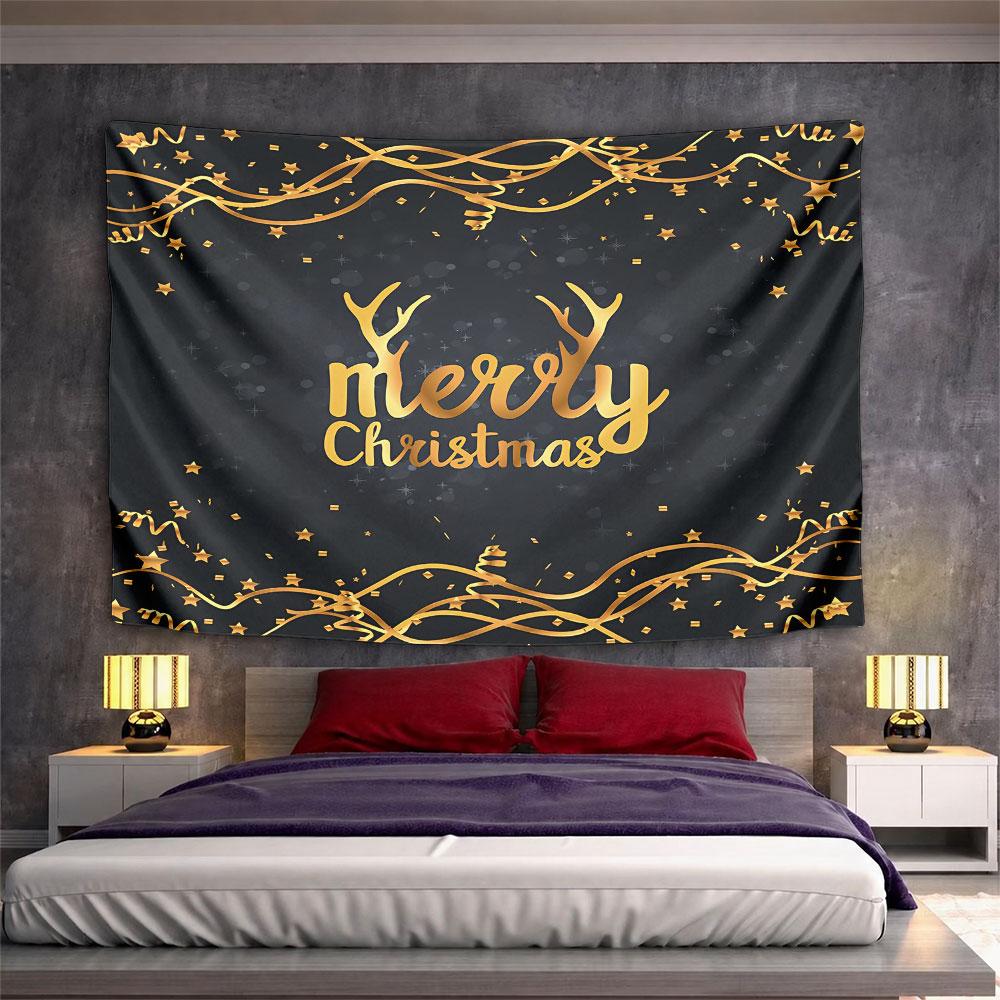 Gold Merry Christmas Black Tapestry Wall Hanging Elegant Holiday Home Decor for Living Room Bedroom Gift