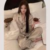 Spring Women Sleepwear Set Autumn Pajama Set Turn Down Collar Faux Silk Satin Long Sleeve Polka Dot Print Female Pijama HomeWear