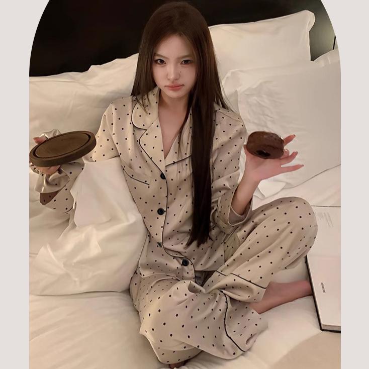 Spring Women Sleepwear Set Autumn Pajama Set Turn Down Collar Faux Silk Satin Long Sleeve Polka Dot Print Female Pijama HomeWear