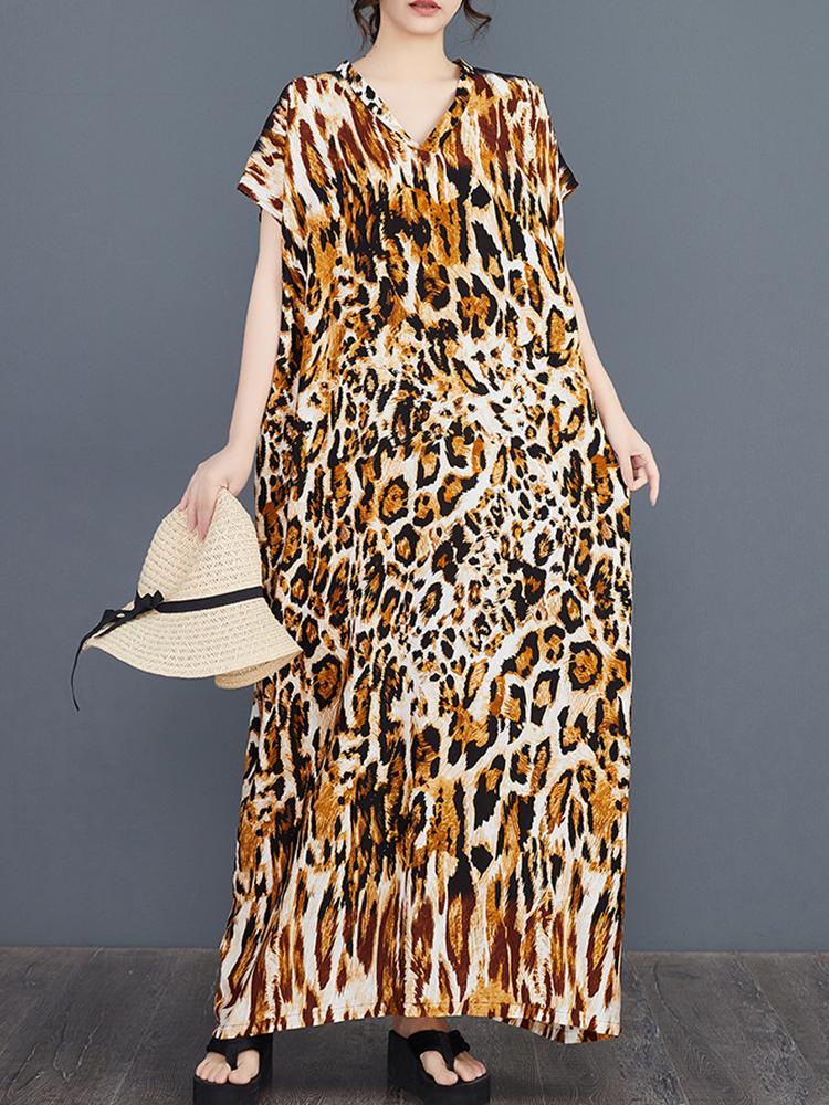 

XITAO Leopard Print Batwing Sleeve Dress ZMY1011 One Size золотой