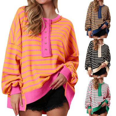 Color Block Lange Mouw Gestreept Knopen Casual Trui voor Dames - Herfst/Winter