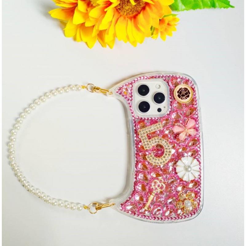 Luxury 14-Diamond Floral iPhone 16 Pro Max Case with Pearl Chain