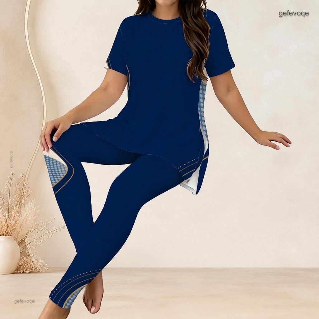 Women Plus Size White Printed Two Piece Outfit Round Neck Short Sleeve Longline Top Fitted Long Pants