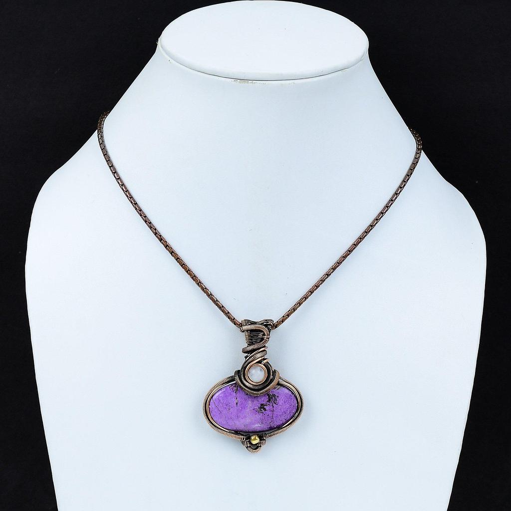 Purpurite Gemstone Copper Wire Wrap Handmade Pendant Jewelry Gift For Mother