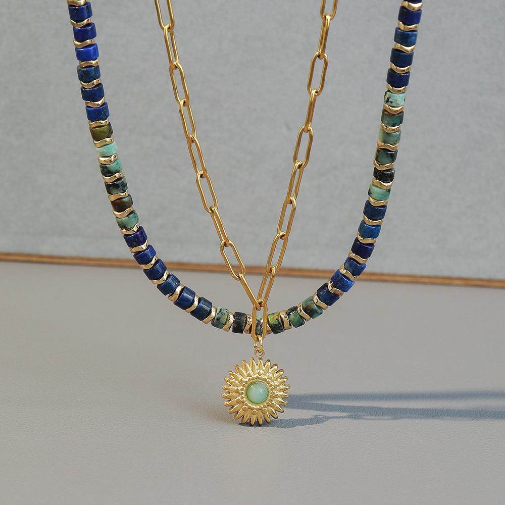 European, American and African turquoise handmade beaded necklace niche high-end flower pendant stacked with titanium steel collarbone chain