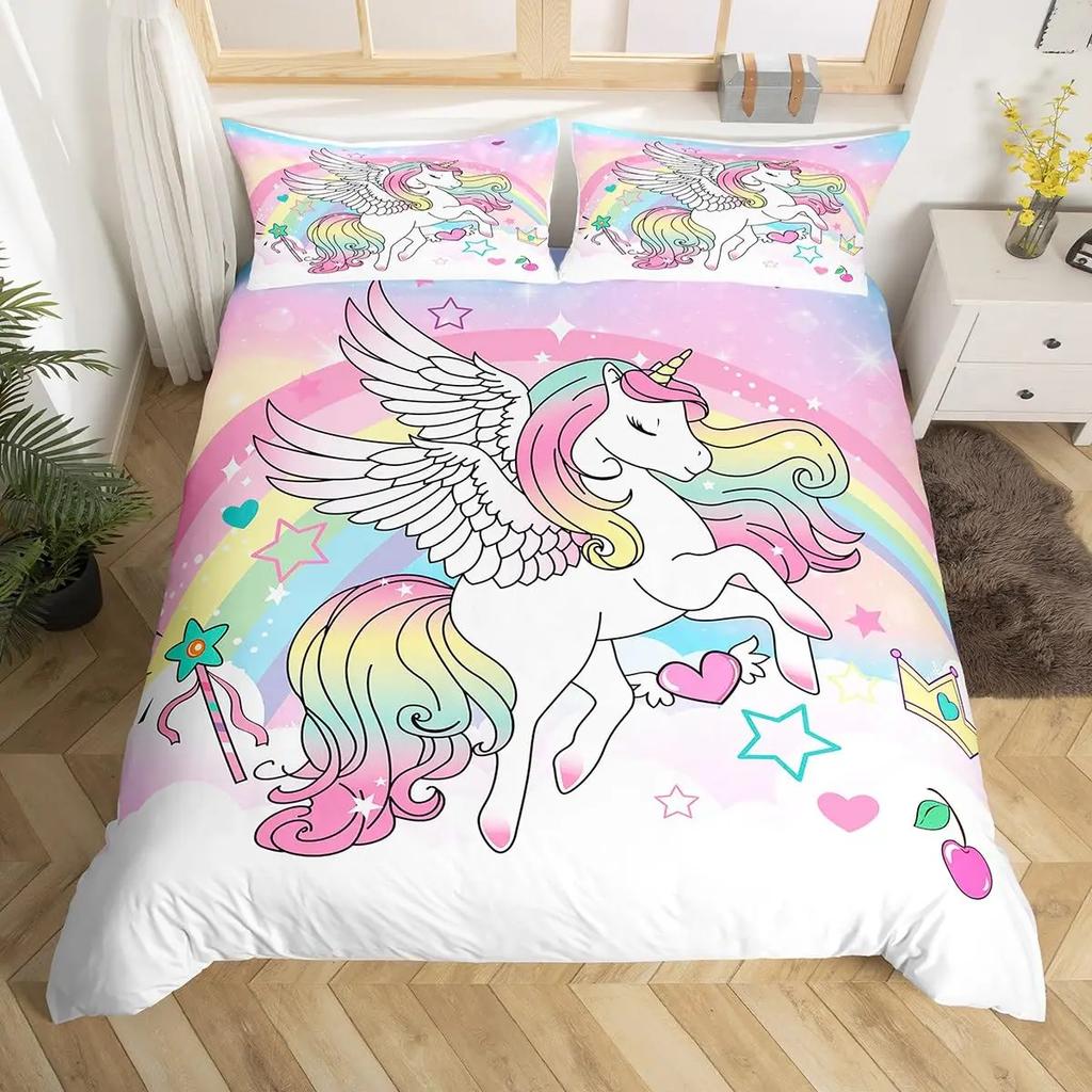 Unicorn Bedding Set Full QueenCartoon Rainbow Animal Comforter Cover Kids Girls Glitter Unicorn Duvet Cover Kawaii Quilt Cover