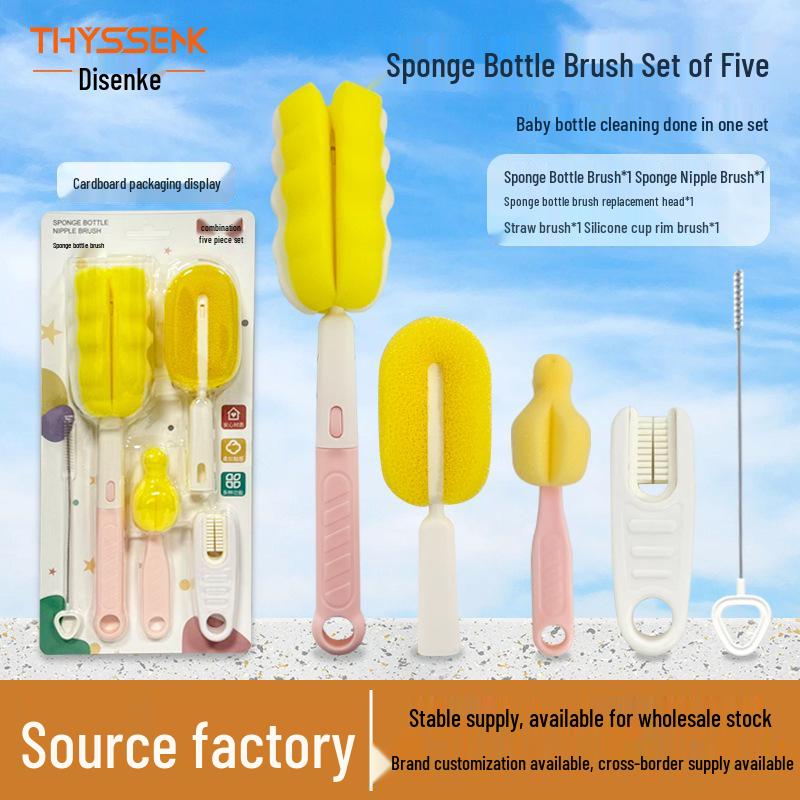 Baby Bottle Cleaning Brush Set – 5 Pieces Including Nipple, Straw, Cup Rim, and Sponge Brushes