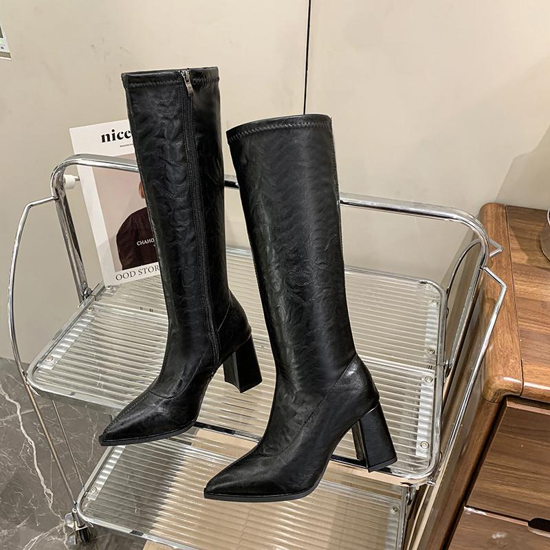 Autumn Winter Women Knee High Boots Fashion Knight Long Booties Square High Heels Shoes Botas Mujer
