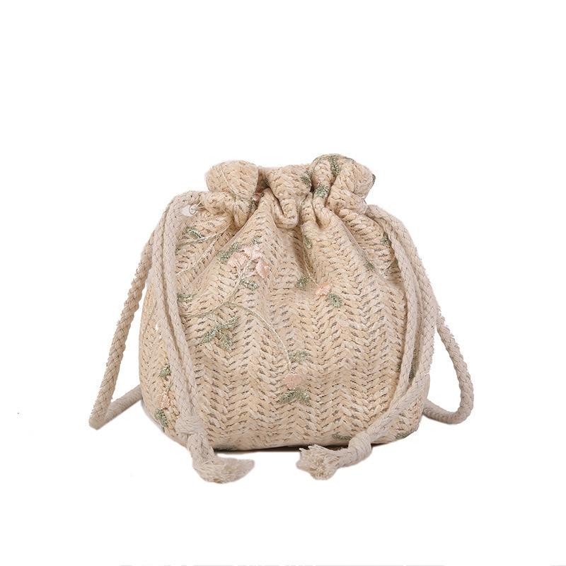 Floral Canvas Bag Bucket Straw Bag Women's Small Fresh Lace Fashion Shoulder Crossbody Bag