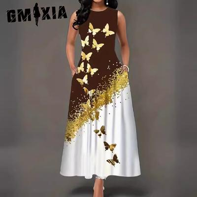Rochie de primăvară-vară pentru femei, cu imprimeu, tip halter, mărimi mari, cu buzunar floral, gât rotund, tip halter, linie A, fustă lungă