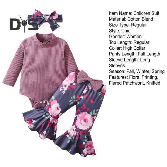 3 Pcs/Set Children Top Pants Headband Suit for 0-24 Months Floral Printing Flared Trousers High Collar Knitted Bodysuit Bow Headband Photo Prop