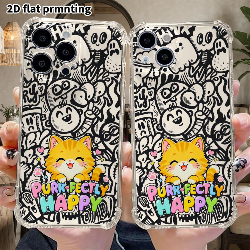 Phone Case: 2D flat suitable for iPhone 18 17 16 15 14 13 Pro, transparent four corner protective case, orange cat, Christmas and Halloween gifts