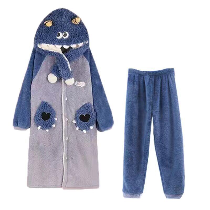 Women's Cute Cartoon Tiger Hooded Coral Fleece Pajamas - Thickened Long Sleeve Robe Suitable for Autumn and Winter, Wearable Outdoors.