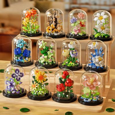 Potted Succulent Building Block Bouquet Desktop Plant Ornament with Dust Cover, Rose Sunflower Assembly Toy, Christmas Gift