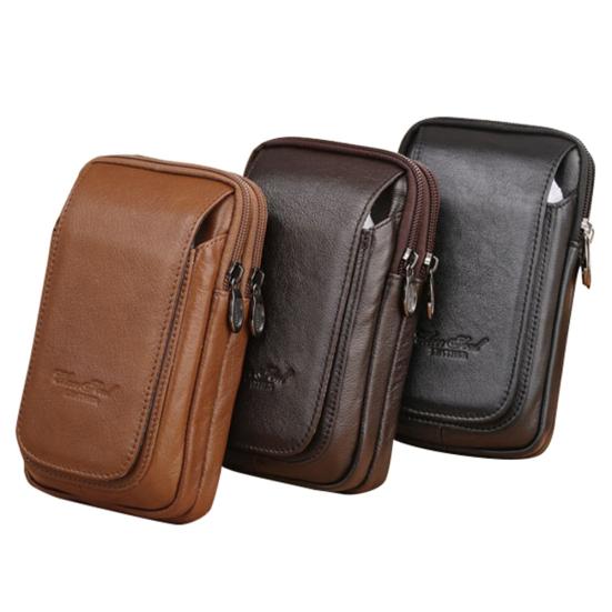 Lässige Gürteltasche aus echtem Leder mit Reißverschluss, Gürtelhaken und mehreren Taschen, Handytasche