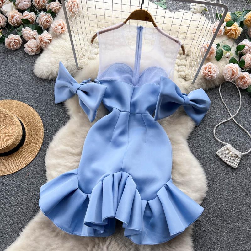 Elegante abito da sera in rete con fiocco in pietra con strass Abito da donna blu chic a maniche corte alla moda Abiti spaccati Abito da donna a vita alta con tromba di base 2024
