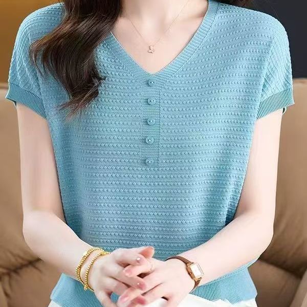 Summer Women's Knitted Short Sleeved T-shirt Knitted Loose Top Slimming Mom