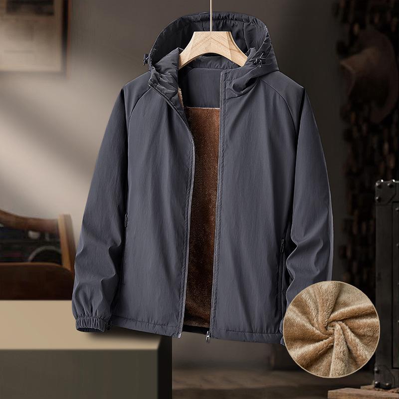 Men's Autumn and Winter Plus Velvet Loose Casual Windproof Waterproof Mountain Retro Middle-aged and Elderly Men's Hooded Top Jacket