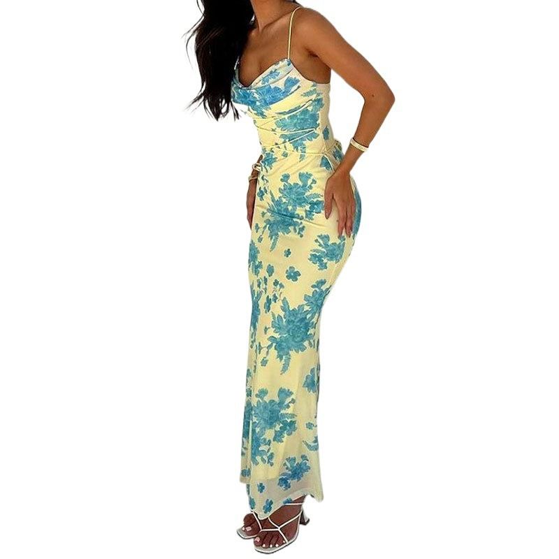 European and American Women Clothes New Lace-up Long Dress Floral Slim Fit Sheath Print Sling Dress Strap Dress