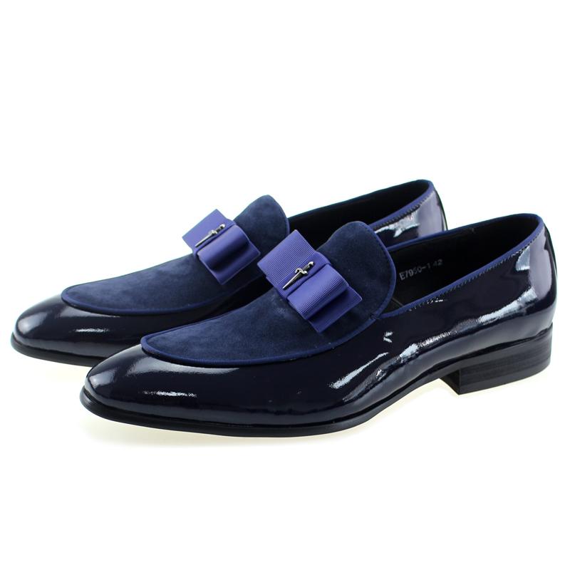 Handmade Men's Genuine Leather Patent Suede Loafers Patchwork Bow Tie Dress Shoes for Wedding Banquet Formal Occasions