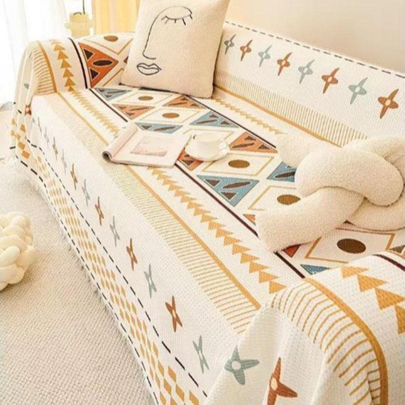 Anti Cat Scratch Sofa Towel with Tassel Nordic Printed Non Slip Blanket for Living Room Multi-Purpose Dust Cover for All Seasons
