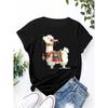 Women's Casual Short Sleeve T-Shirt Colorful Cartoon Llama Print with Beaded Flowers Soft Round Neck Comfort Tshirt Clothing
