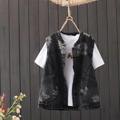 Gilet di Jeans Corto Stampato da Donna Primaverile ed Estivo Giacca Sottile Senza Maniche Larga