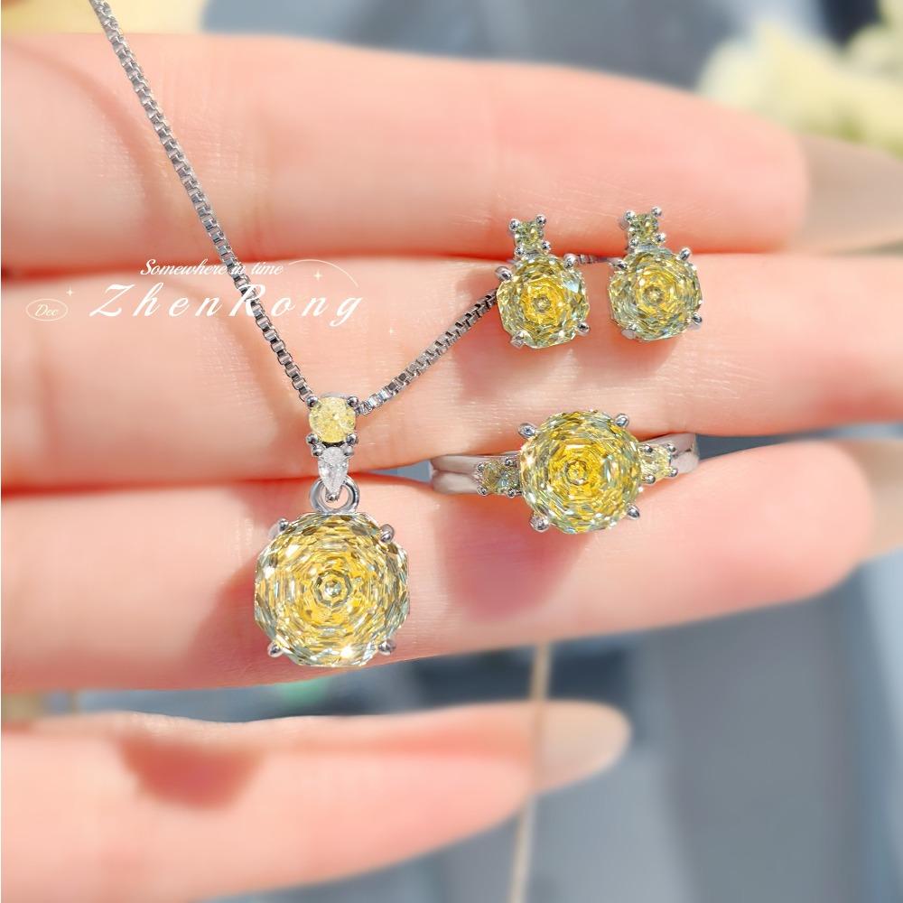 Women Jewelry Set Octagon Rose Cut Necklace Pendant with High Carbon Diamond Red Earrings Pink Ring