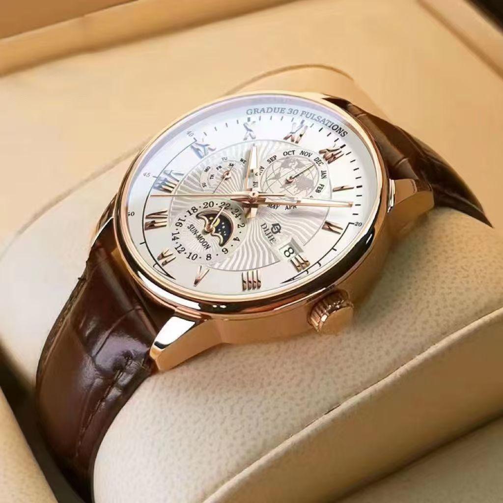Brand Men's Luminous Calendar Leather Watch - Sleek, High-End, Non-Mechanical Wristwatch