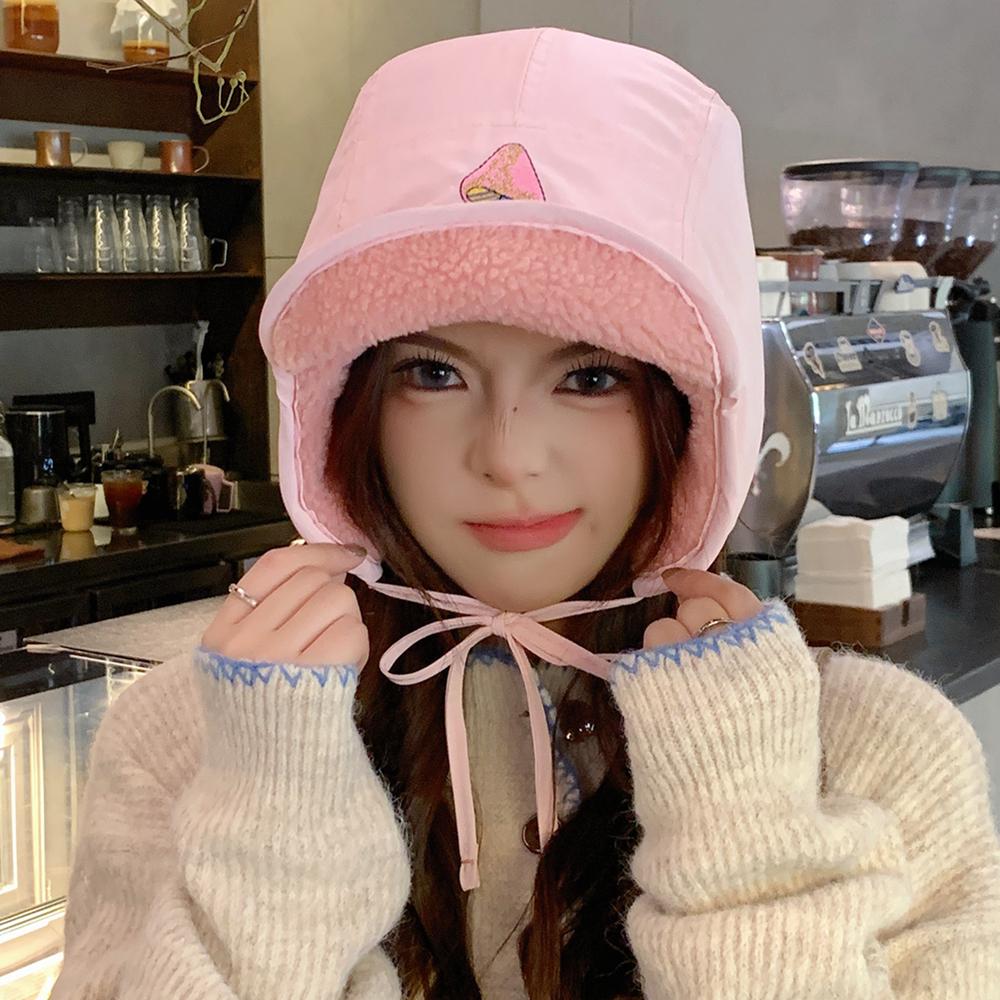 New Pilot Style Hat Fashioh Winter Cap Mushroom Embroidery Warm Bomber Hat Caps For Women Solid Color Girl Hats