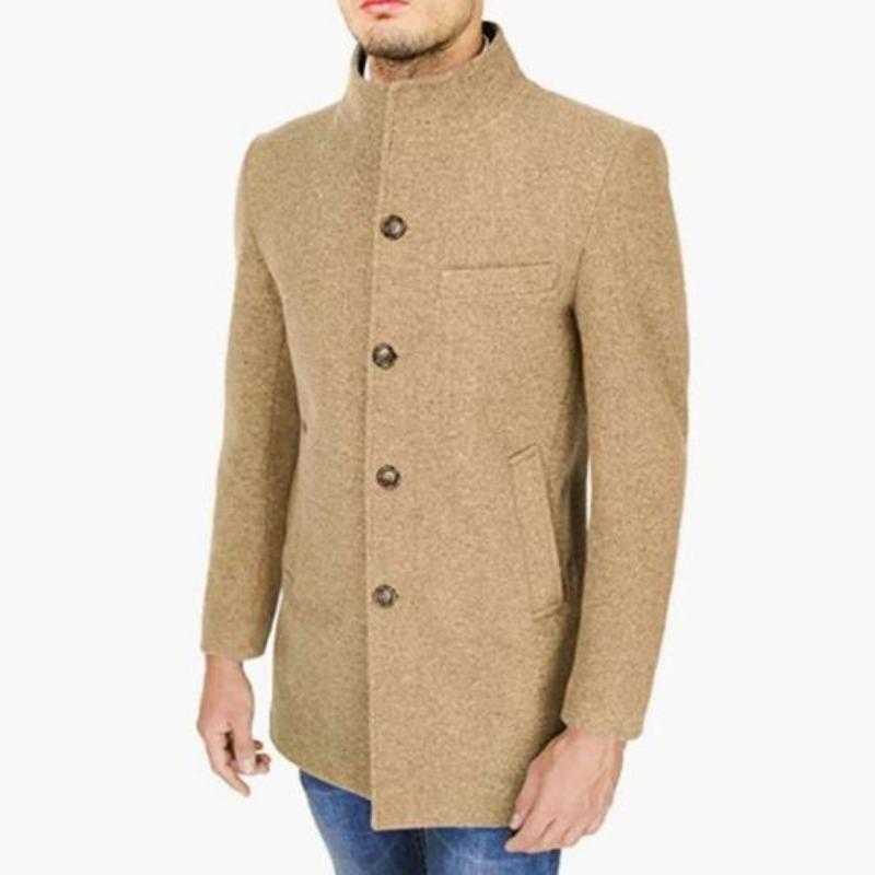 Men Stand Collar Long Sleeve Woolen Coat Single Breasted Pockets Mid-length Casual Windbreaker Outwear