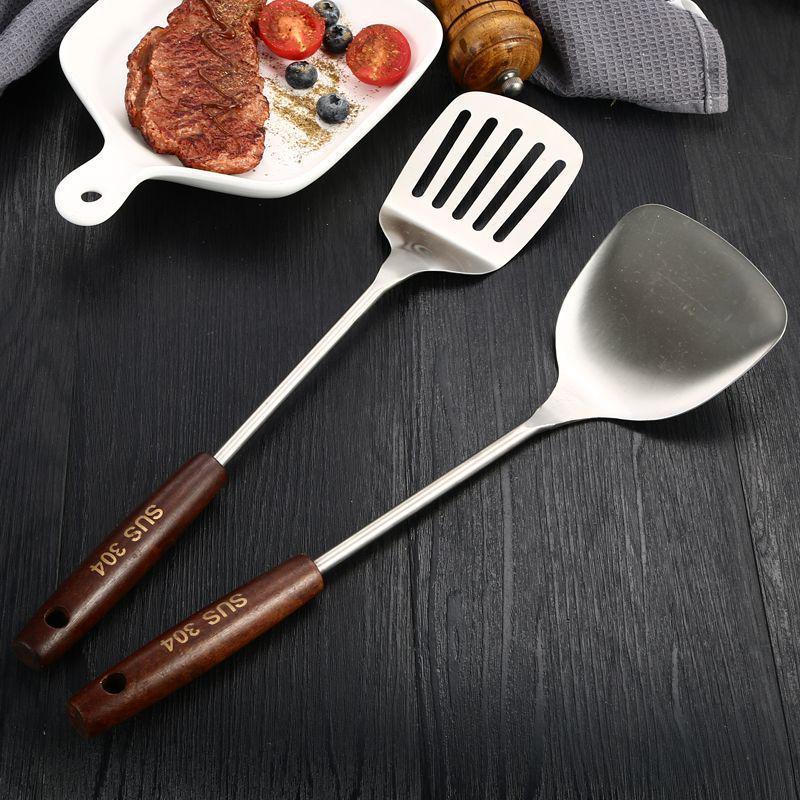 304 Stainless Steel Slotted Spatula Set with Anti-scald Wooden Handle - Thickened for Stir-frying & Cooking.