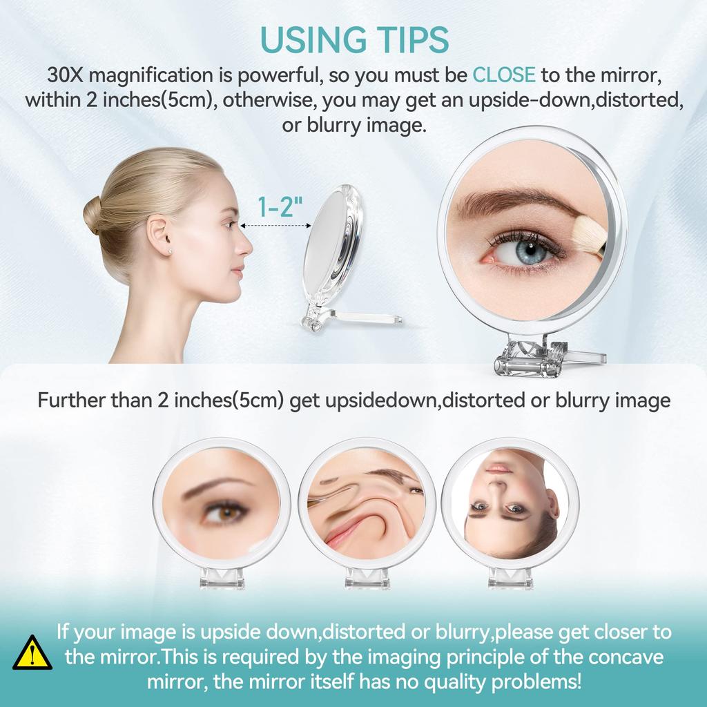 makeup mirror with 30x magnification and 1x stand and hand and easy to round Double-sided magnification, mirror, lightweight, compact, carry,